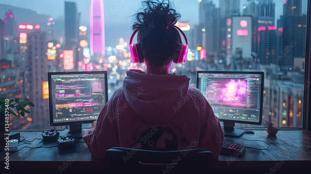 Poster a figure sits at a futuristic command center bathed in neon light monitoring a global network displa