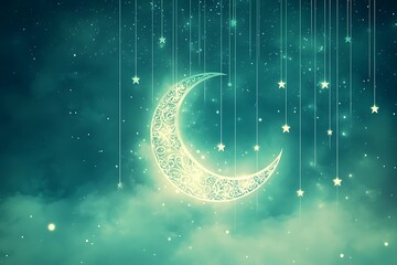 Ornate crescent moon with hanging stars in a dreamy teal and blue night sky illustration art