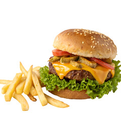 Juicy Cheeseburger with Fries Meal bun isolated on white background