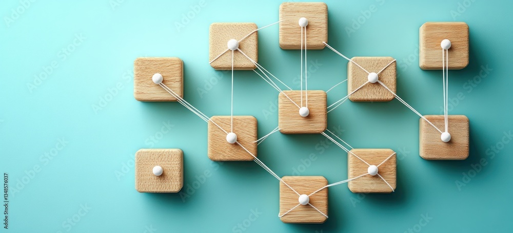 Aufkleber connecting people and networking with wooden blocks on teal background digital communication concept