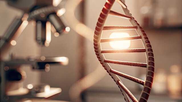 Close-up of glowing DNA double helix with red warning sign symbolizing cancer risk, set in a medical lab with test tubes and microscopes. Genetic research, health risk awareness