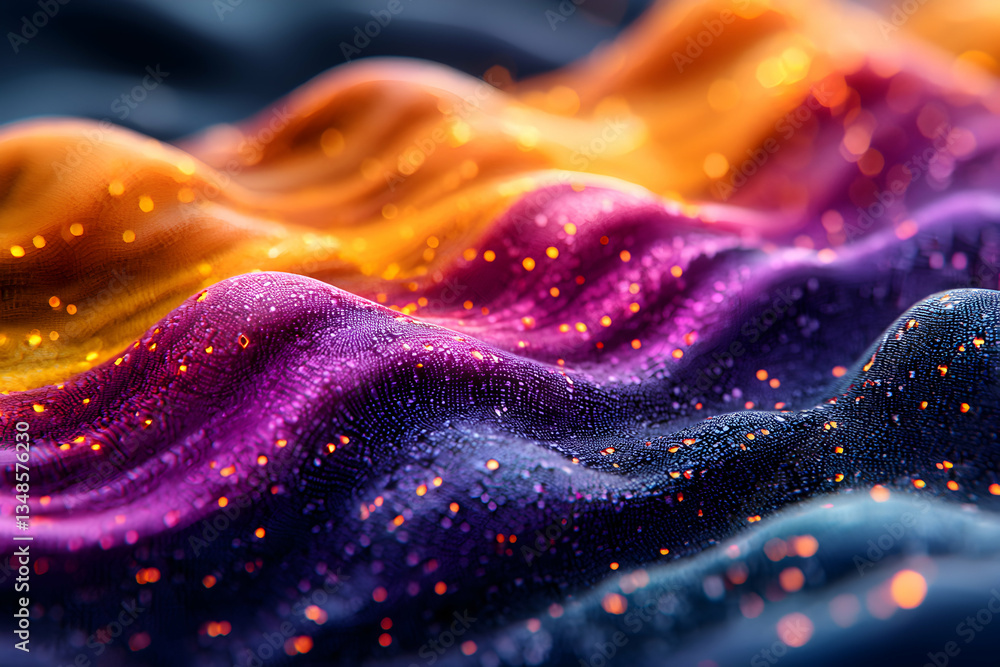Poster abstract glowing particle landscape. rolling hills of sparkling lights. red and blue color scheme. p