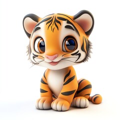 Delightful 3D Cartoon Tiger Cub Sitting on White Background, Adorable and Playful