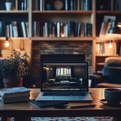 Cozy Home Office: Laptop on Wooden Desk with Books, Plant, and Coffee in a Relaxing Study Setting with Bookshelf Background