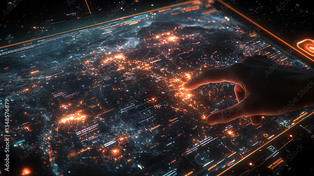 Poster a finger interacts with a futuristic glowing interface. ideal for showcasing technological advanceme