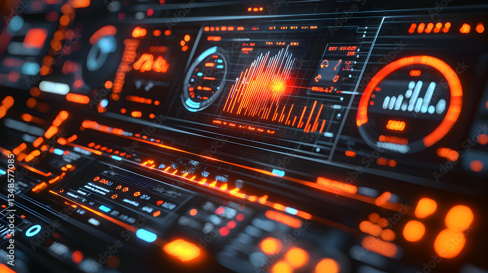 Poster a futuristic cityscape with glowing red lights on a circuit board pattern. perfect for technology we
