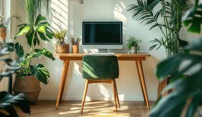 A stylish desk arrangement featuring plants and a computer screen