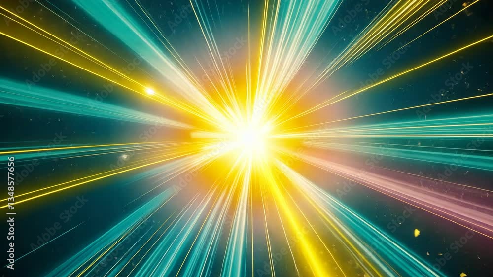 Poster bright explosion of light with dynamic rays spreading in various directions against a dark backgroun