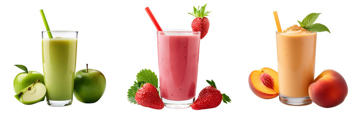 Colorful Smoothie Trio: A vibrant collection of three refreshing smoothies, each bursting with fruity flavors and beautifully presented with fresh ingredients. It's a visual treat.