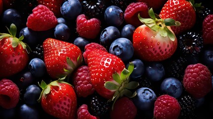 Fototapeta premium Forest berries as background. Strawberries and blueberries, top view