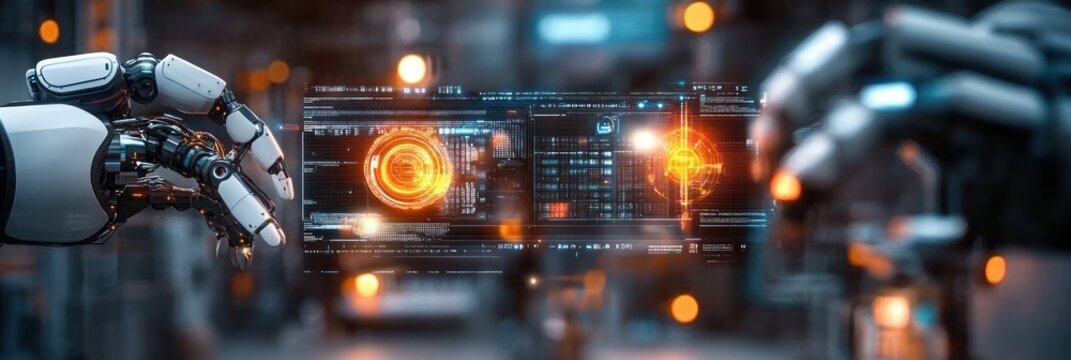 Engineer Using Digital Tablet in Factory with Robotic Arm Machine Learning Automation and AI Technology - Powered by Adobe