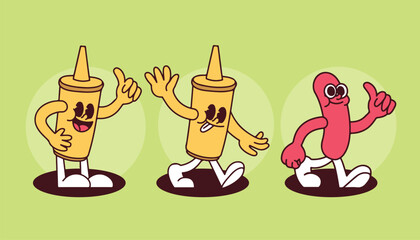 Retro Mustard and Hot Dog Mascots for Cafe Restaurant Branding with Cartoon Hand-Drawn Characters in Vintage Style