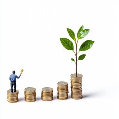 Tiny Figure Standing on Coins with Growing Plant Illustration