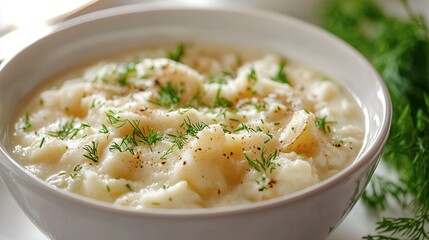 A close up photo of creamy potato soup in a bowl
