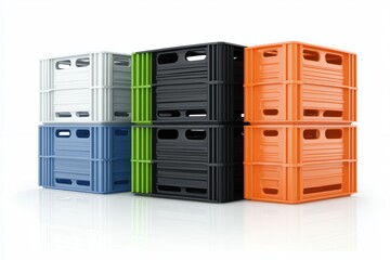 Vector illustration of durable plastic crates in multiple colors green, orange, blue, black, arranged in a neat row, isolated on white