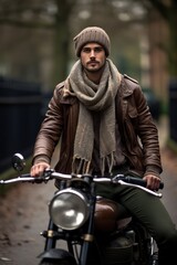 Stylish bearded biker exuding confidence and timeless cool, seated on a classic motorcycle in a leather jacket, wool cap, and scarf