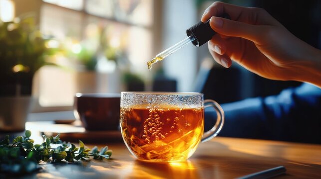 Cannabis Oil Use for Anxiety Relief Woman Adding Drops to Tea in Modern Office Natural Light