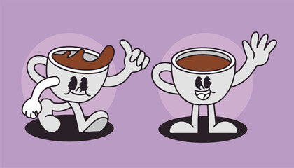 Retro Coffee Cup Mascots for Cafe Restaurant Branding with Cartoon Hand-Drawn Characters in Vintage Style