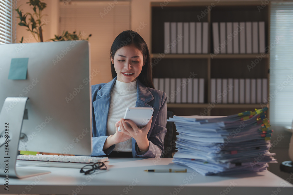 Poster young professional accountant woman in formal suit working overtime using calculator and computer to