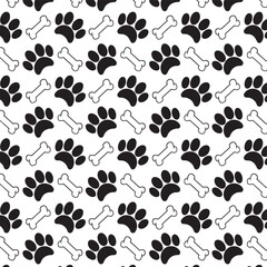Dog Paw and Bone Pattern, Vector Illustration Isolated on White.