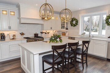 Fototapeta premium Interior of a bright, modern kitchen with island, pendant lights, and seasonal decor