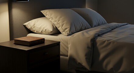 A neatly made bed with soft pillows, dim lighting, and a book resting on the nightstand.