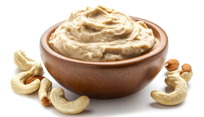 nut butter white without devices angle half turn with cashew nut on white background