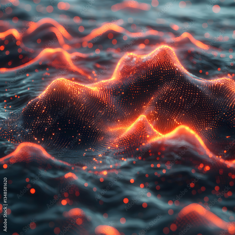 Poster abstract glowing particles form dynamic waves and mountains. ideal for technology, music visualizati