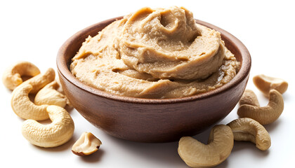 nut butter white without devices angle half turn with cashew nut on white background