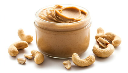 nut butter white without devices angle half turn with cashew nut on white background