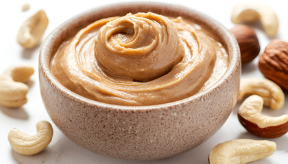 nut butter white without devices angle half turn with cashew nut on white background