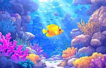Fototapeta premium Colorful tropical fish swimming through a vibrant coral reef, highlighting the beauty of underwater ecosystems. Perfect for ocean and marine life-themed designs. 
