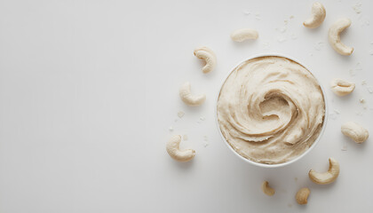 nut butter white without devices angle half turn with cashew nut on white background