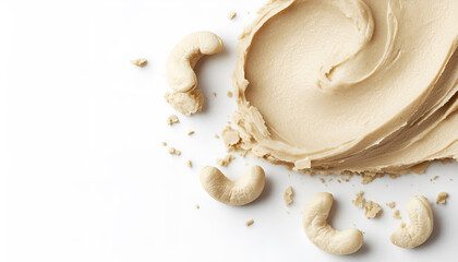 nut butter white without devices angle half turn with cashew nut on white background
