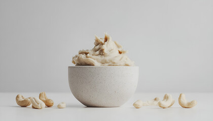 nut butter white without devices angle half turn with cashew nut on white background