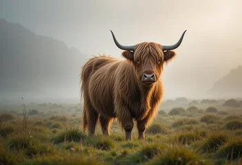 Tuinposter  Highland Cow in a Misty Morning Meadow  © Sanjeit