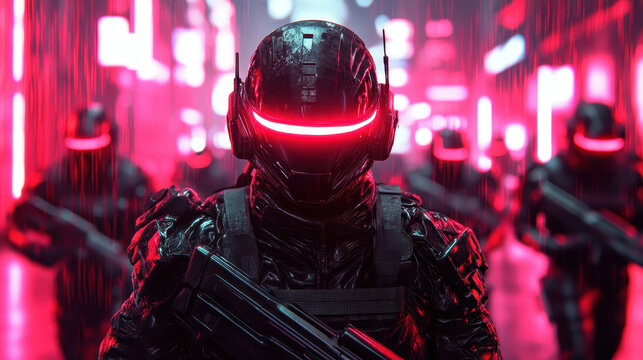 Futuristic Soldiers in Neon Cityscape with Glowing Red Visors
