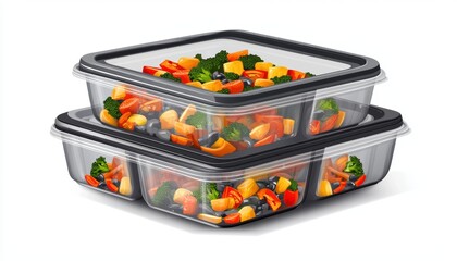 Vector set of reusable meal prep containers, transparent lids, vibrant food inside, eco-friendly kitchen organization concept