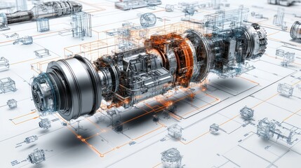 Engine Components, Exploded View, Engineering Blueprint Background, Technical Illustration