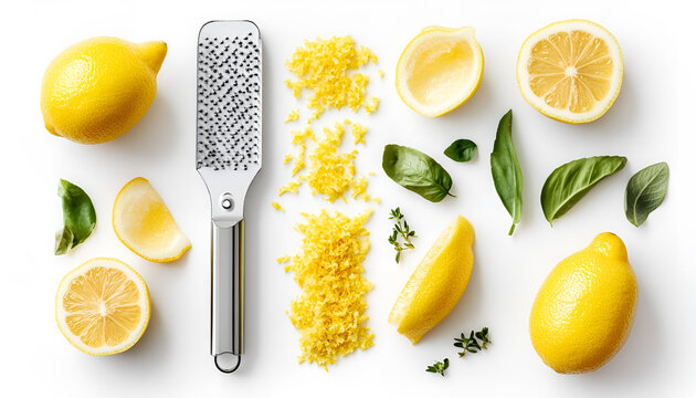 Lemon zest, fresh fruits and zester tool isolated on white
