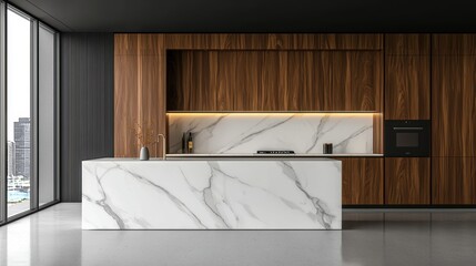 Sleek luxury apartment kitchen with high-end custom furniture, waterfall marble island, hidden LED strip lighting, and smart home features