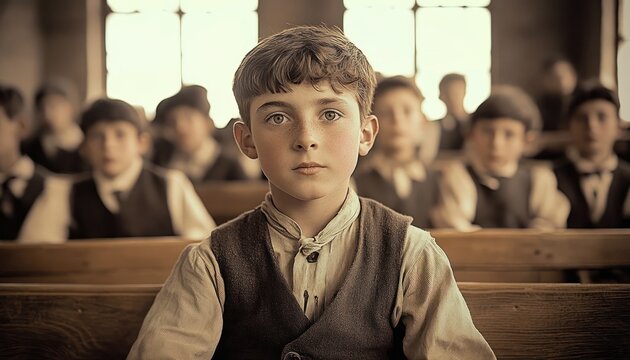 Vintage Classroom Scene with School Children Learning in Antique Style