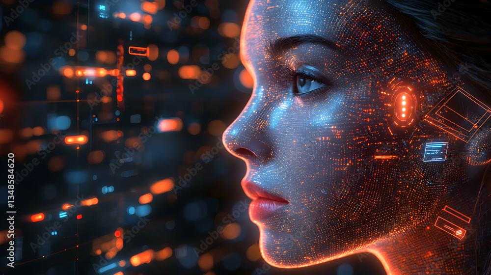 Poster a woman's profile illuminated by digital data points and futuristic hud elements. ideal for visualiz