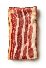 Obraz premium Freshly Sliced Bacon Strip on a Clean White Background Highlighting the Rich Color and Texture of the Meat for Culinary Visuals
