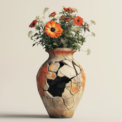 broken vase with orange colour daisy flower isolated on solid background	