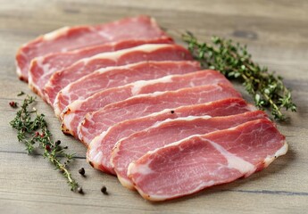 Fototapeta premium Freshly Sliced Bacon Strips on Rustic Wooden Surface with Fresh Thyme Garnish for Culinary and Food Photography