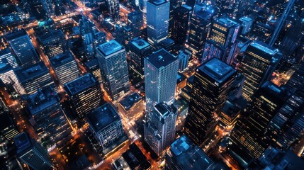 Obraz premium Aerial view shows illuminated skyscrapers in a modern cityscape at night