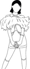 Line art illustration featuring a female figure in creative stylized fashion design with minimalist details.