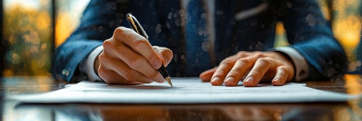 Business Professional Signing Documents in Blue Attire with Copy Space for Agreements and Contracts