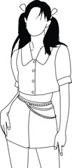 Black and white artistic outline featuring a girl in trendy and unique clothing style, ideal for contemporary and minimalist design concepts.